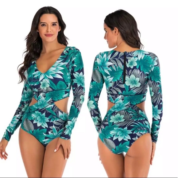 “The Eryn” Tropical Cutout Long Sleeve Swimsuit - Picture 2 of 9